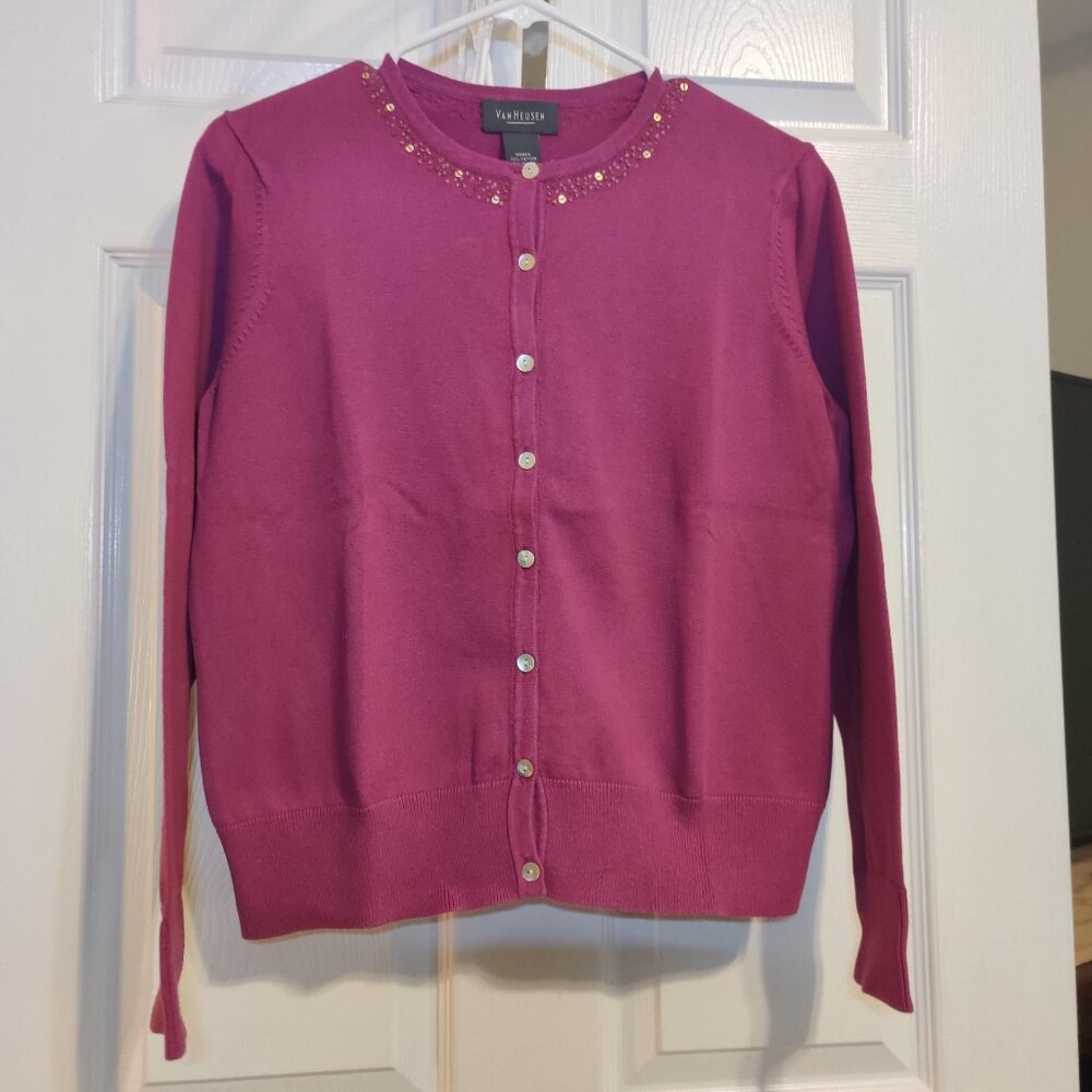 Berry long sleeve sweater with button front.